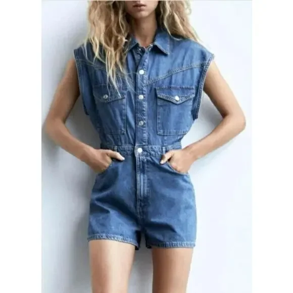 Zara Sleeveless Collard Button Denim Short Jean Shorts Romper L Dark Wash Blue - Picture 1 of 15